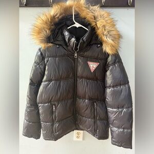 Guess Black Puffer Jacket with Faux Fur Hood